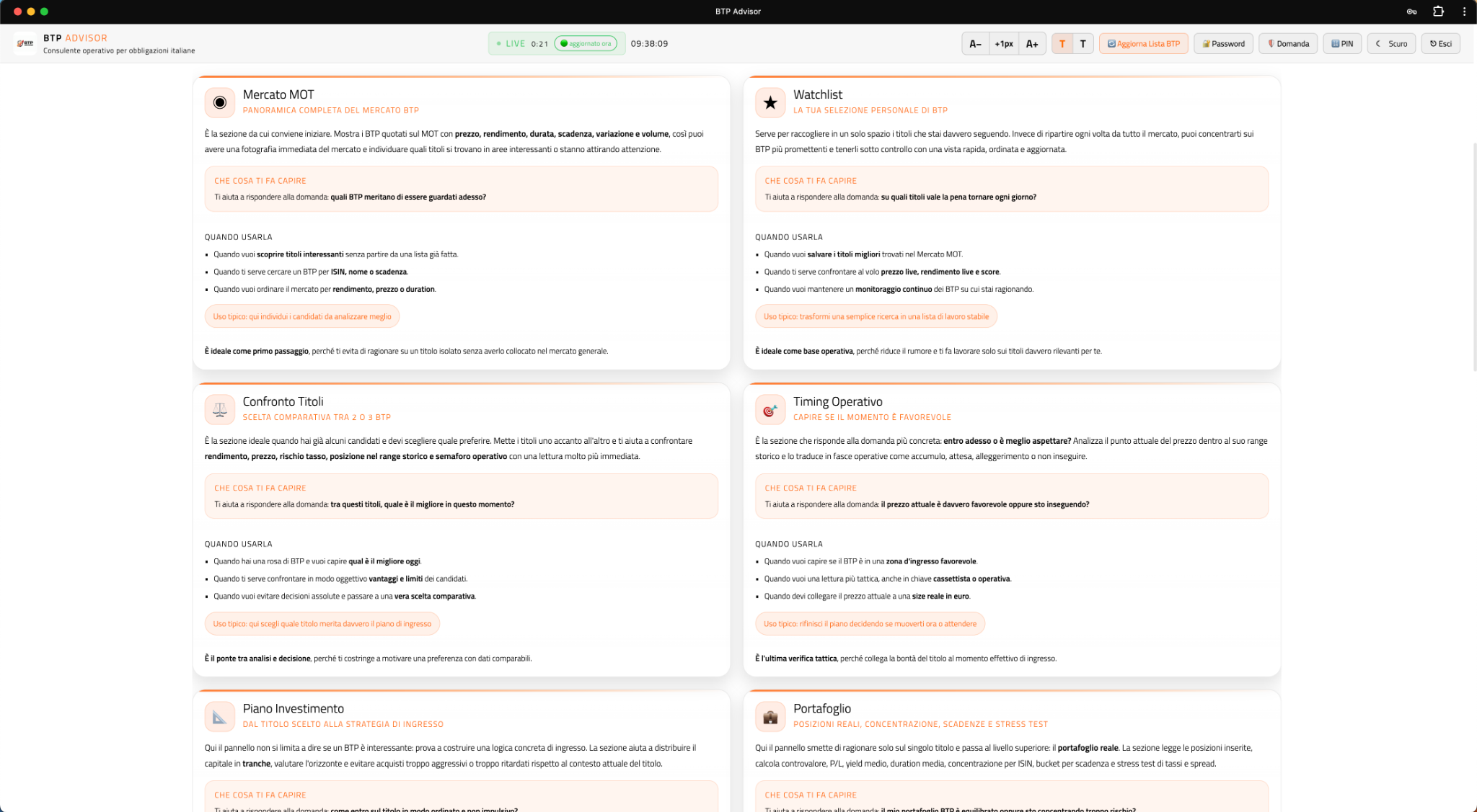 Sezione guida del pannello BTP Advisor