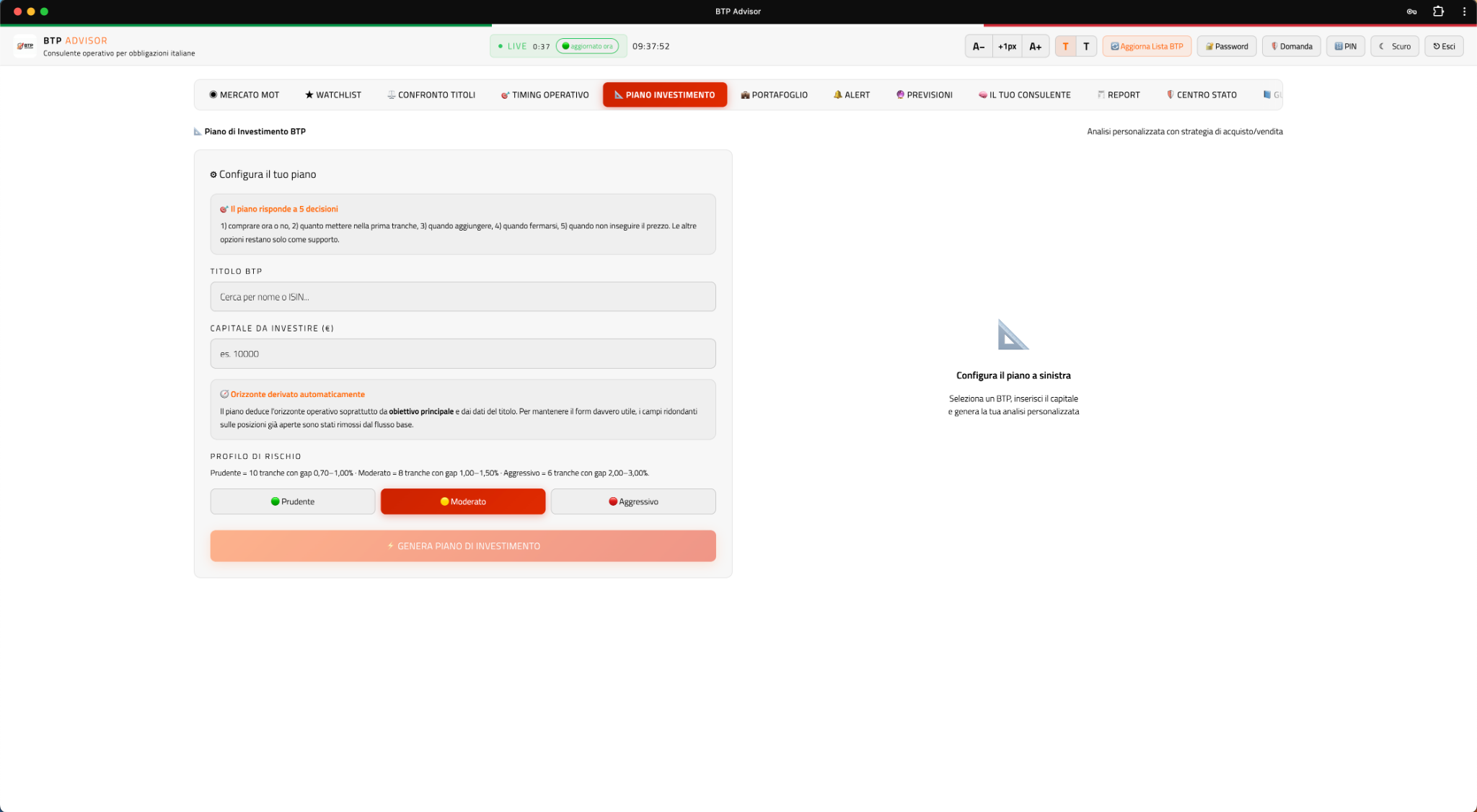Sezione piano di investimento del pannello