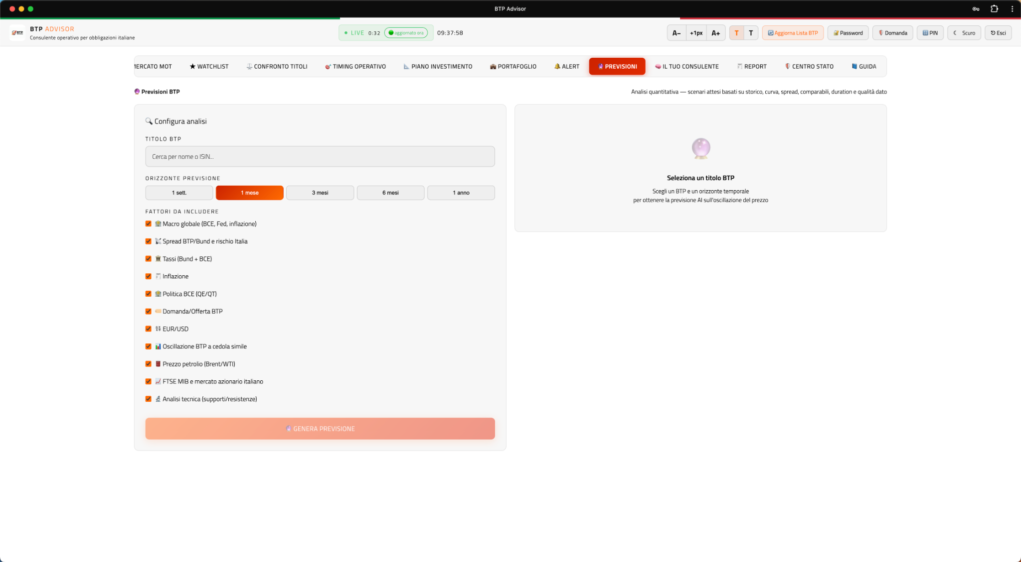 Sezione previsioni del pannello